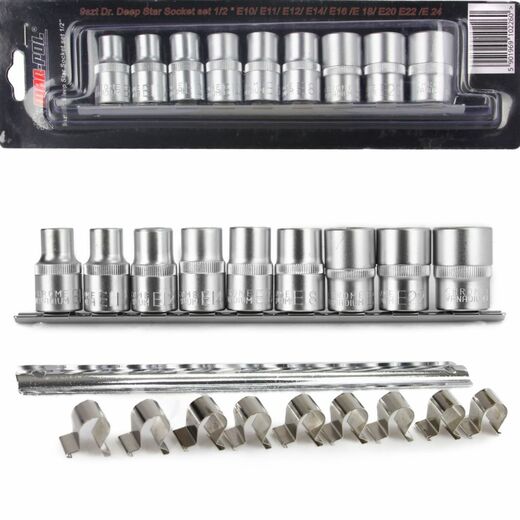 Nástrčné hlavice Torx-E, 1/2", E10 - E24, 9 ks na liště