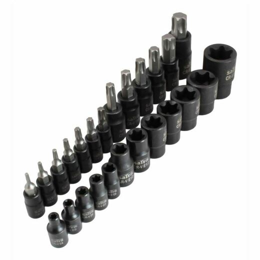 Zástrčné a nástrčné hlavice 1/4", 3/8" a 1/2” TORX a TORX-E, sada 25 ks - SATRA